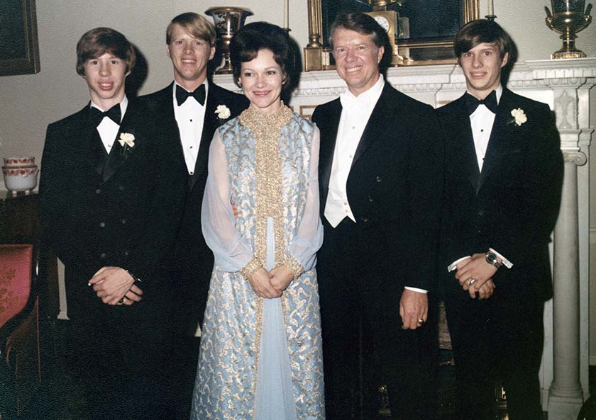 Photo of Jeff, Jack, Rosalynn, Jimmy, and Chip Carter (l to r).