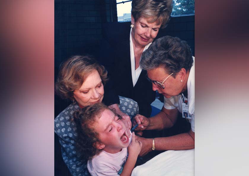 After leaving the White House, Rosalynn Carter co-founded Every Child By Two (known today as Vaccinate Your Family) to raise awareness nationwide of the need for childhood immunizations by age two. This photo was taken in Philadelphia, Pennsylvania, 1993.