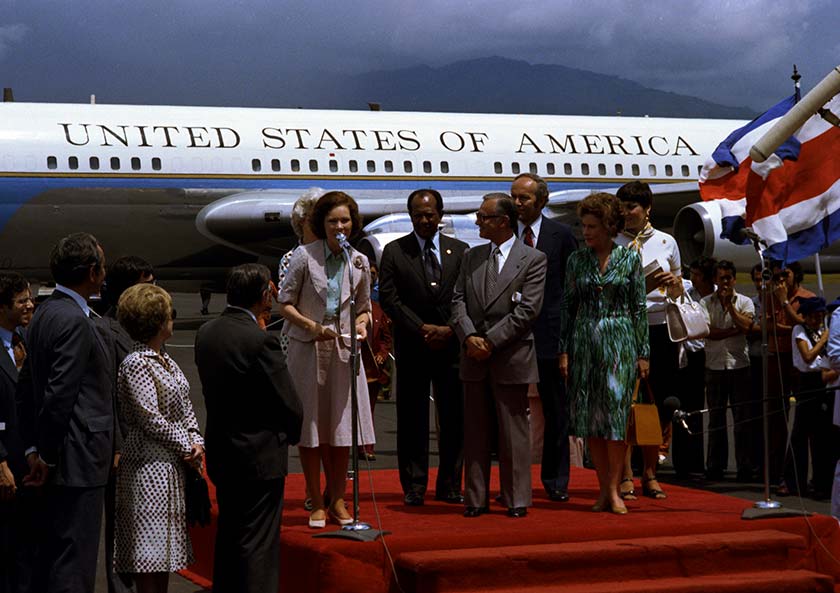Photo of Rosalynn Carter speaking at a welcoming ceremony in San Jose, Costa Rica, on June 1, 1977.