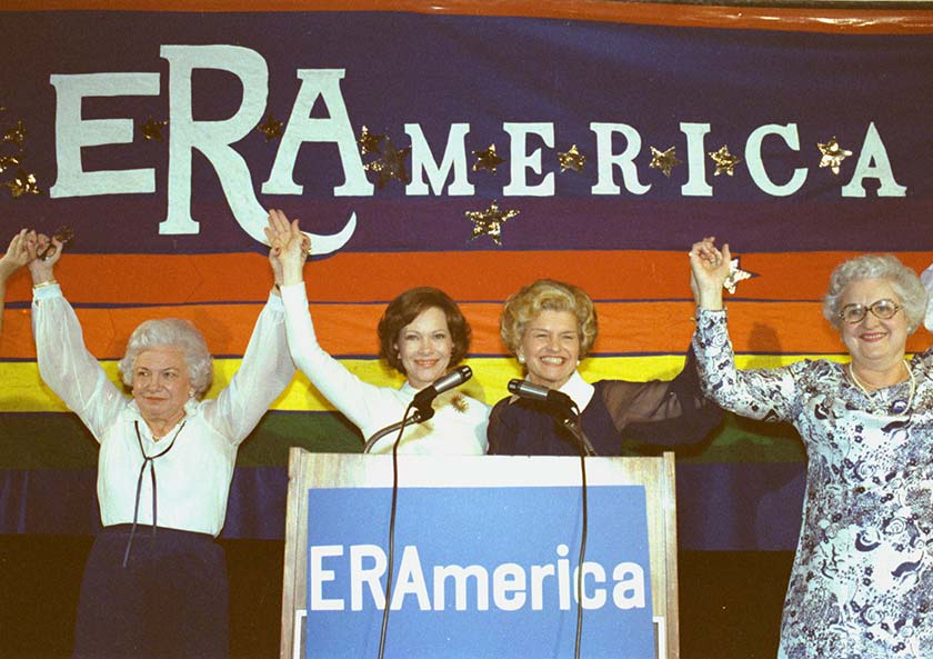 Photo of  Rosalynn Carter and former First Lady Betty Ford, at the National Women’s Conference in support of the ERA in 1977.